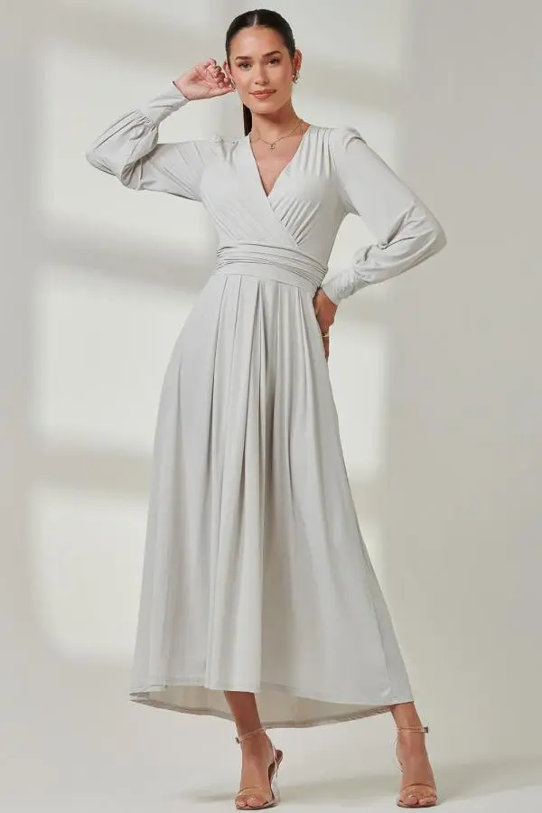 Jolie Moi Women's Long Sleeve Super Soft Jersey Maxi Dress in Light Grey 