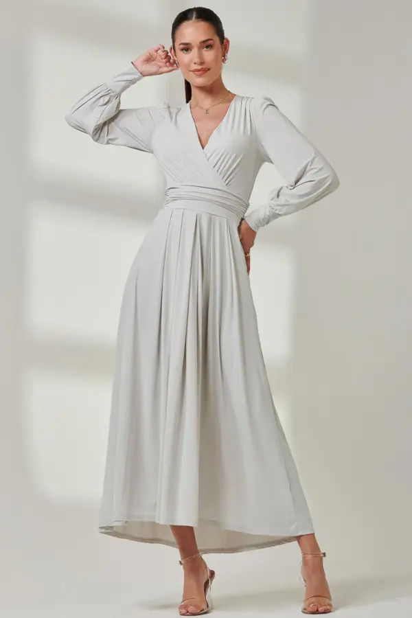 Jolie Moi Women's Long Sleeve Super Soft Jersey Maxi Dress in Light Grey 