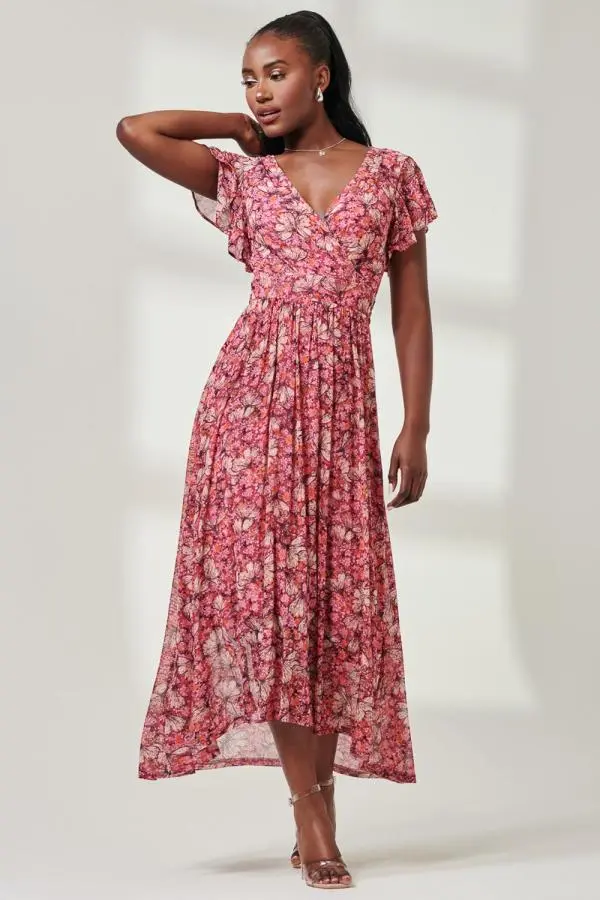 Jolie Moi Women's Wrap Dip Hem Mesh Maxi Dress in Pink | Size: 12