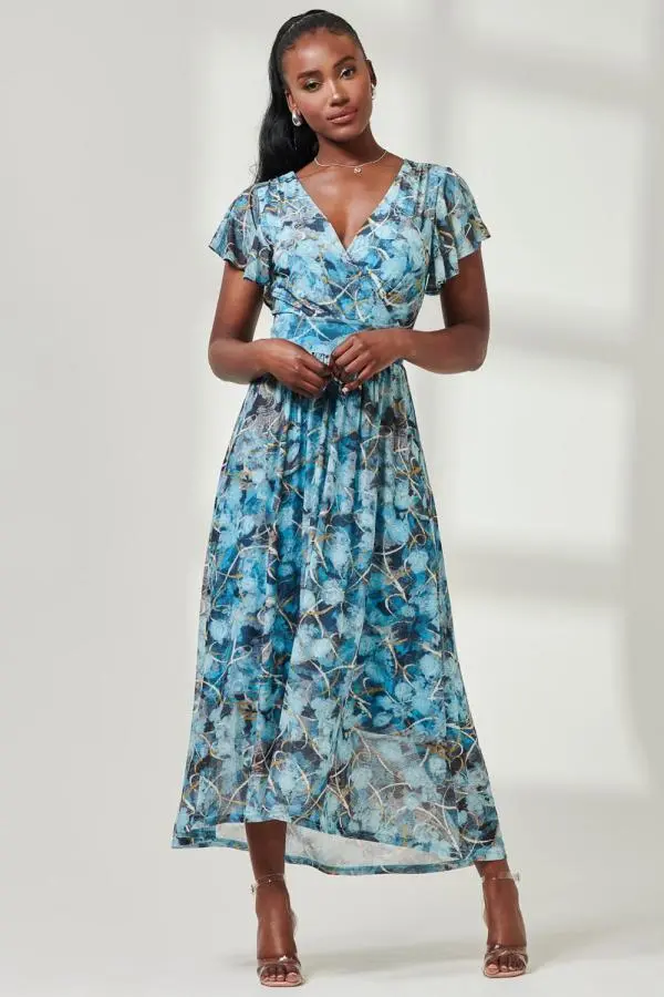 Jolie Moi Women's Wrap Dip Hem Mesh Maxi Dress in Blue 