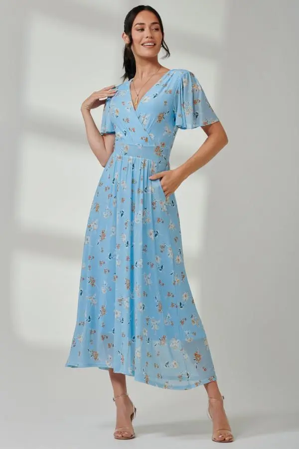 Jolie Moi Women's Gracelyn Wrap Front Mesh Maxi Dress in Blue 