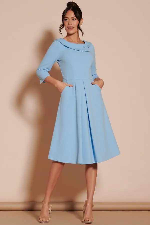 Jolie Moi Women's Fold Neckline Sleeved Midi Dress in Light Blue 