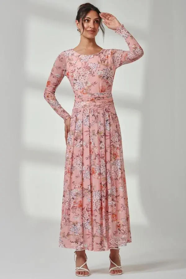 Jolie Moi Women's Floral Long Sleeve Mesh Maxi Dress in Coral | Size: 12