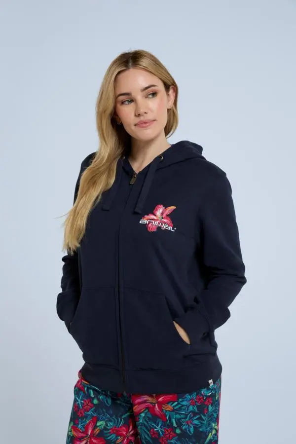 Animal Women's 'Maya' Stylish Cotton Graphic Hoodie Lightweight Full Zip Sweatshirt in Navy 