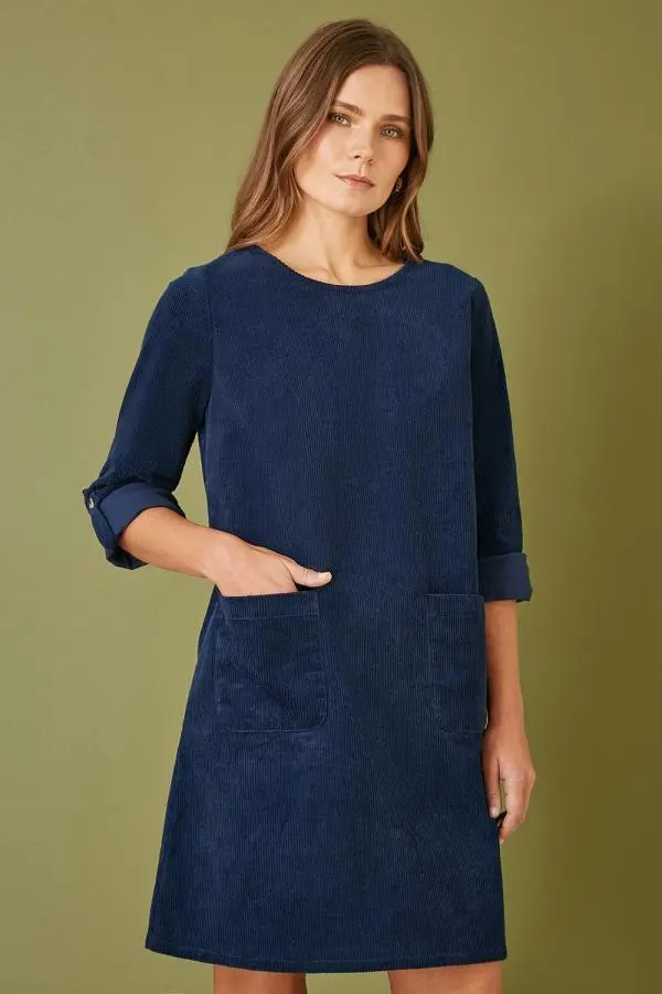 Yumi Women's Navy Cord Tunic Dress With 3/4 Sleeves & Pockets 