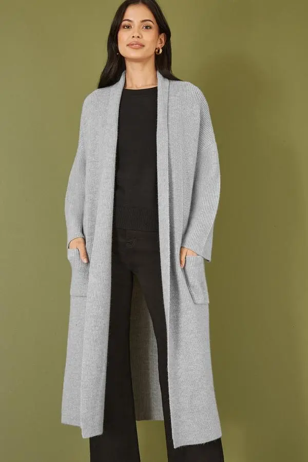 Yumi Women's Grey Knitted Maxi Cardigan With Pockets 