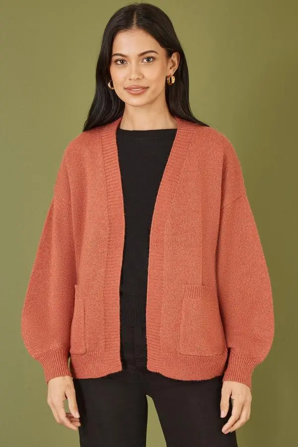 Yumi Women's Rust Metallic Relaxed Slouchy Cardigan With Pockets in Brown | Size: S/M