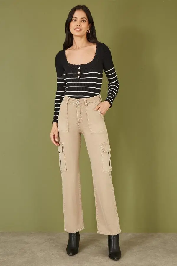 Yumi Women's Stone Stretch Cargo Canvas Stretch Pants 