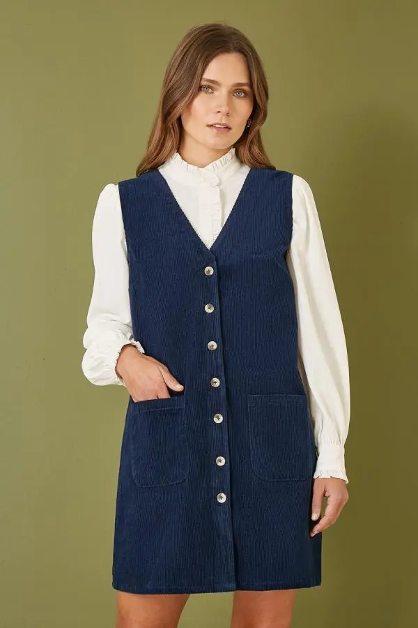 Yumi Women's Navy Cord Button Through Pinafore Dress With Pockets 
