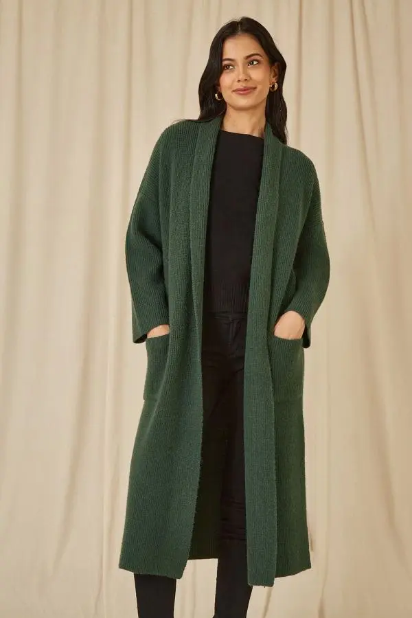 Yumi Women's Green Knitted Maxi Cardigan With Pockets 