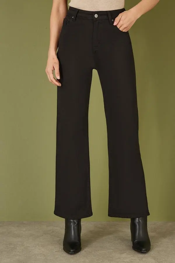 Yumi Women's Black Stretch Canvas Wide Leg High Waist Jeans 
