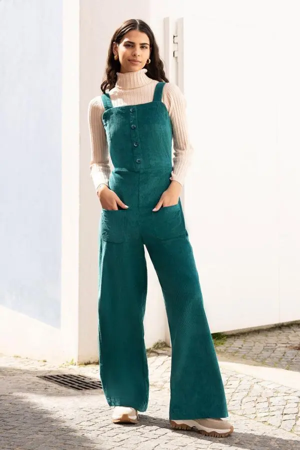 Yumi Women's Teal Cord Stretch Dungaree Style Jumpsuit 