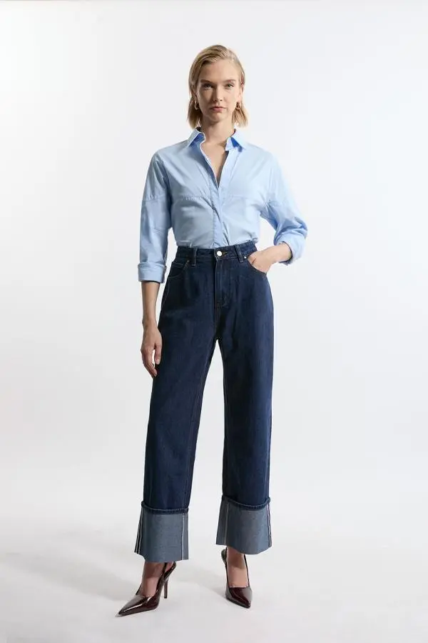 Straight Leg Turn Up Hem Jeans