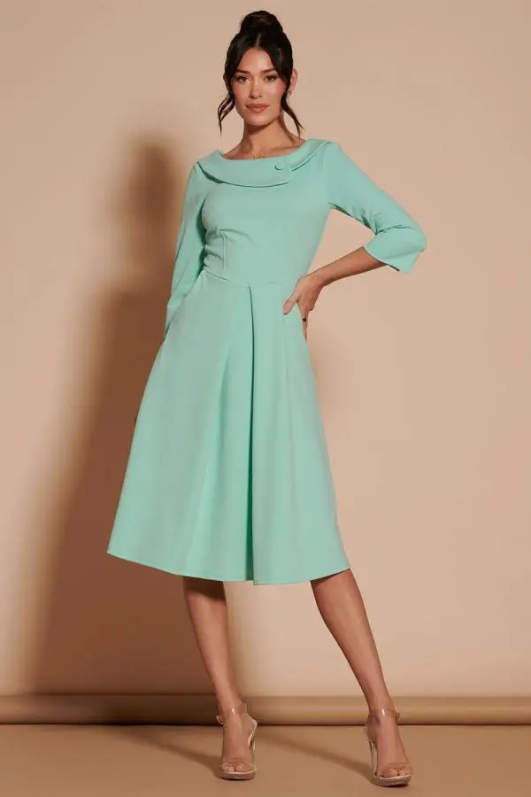 Jolie Moi Women's 3/4 Sleeve Fold Neck Midi Dress in Light Green 