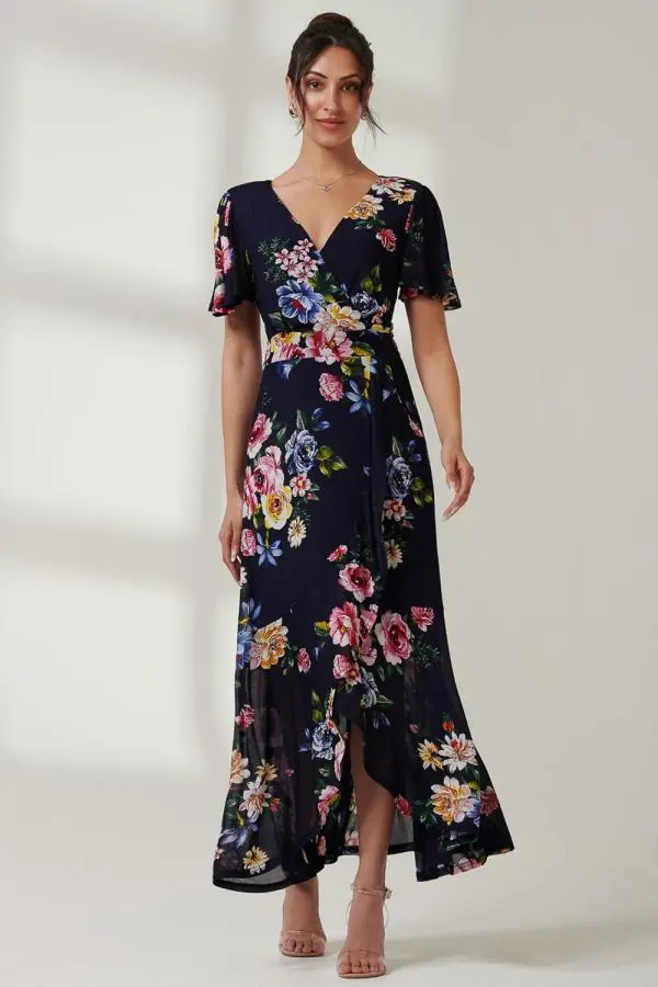 Jolie Moi Women's Frill Dip Hem Mesh Maxi Dress in Navy 