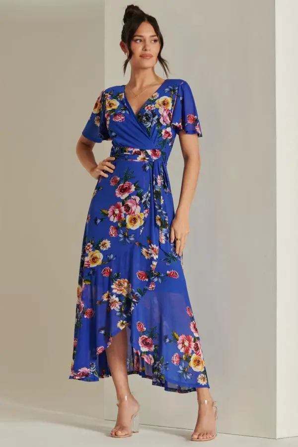 Jolie Moi Women's Frill Dip Hem Mesh Maxi Dress in Royal | Size: 8