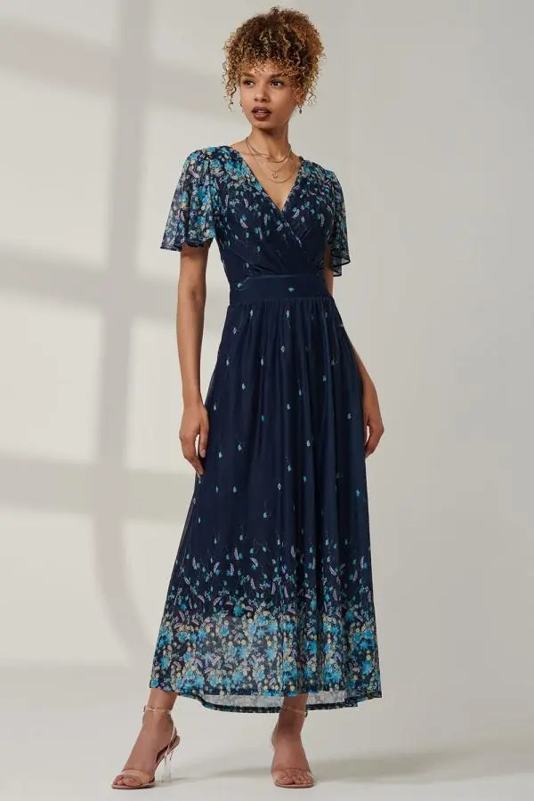 Jolie Moi Women's Mirrored Mesh Angel Sleeve Maxi Dress in Dark Blue | Size: 12