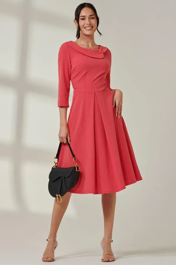 Jolie Moi Women's Fold Neckline Sleeved Midi Dress in Red 