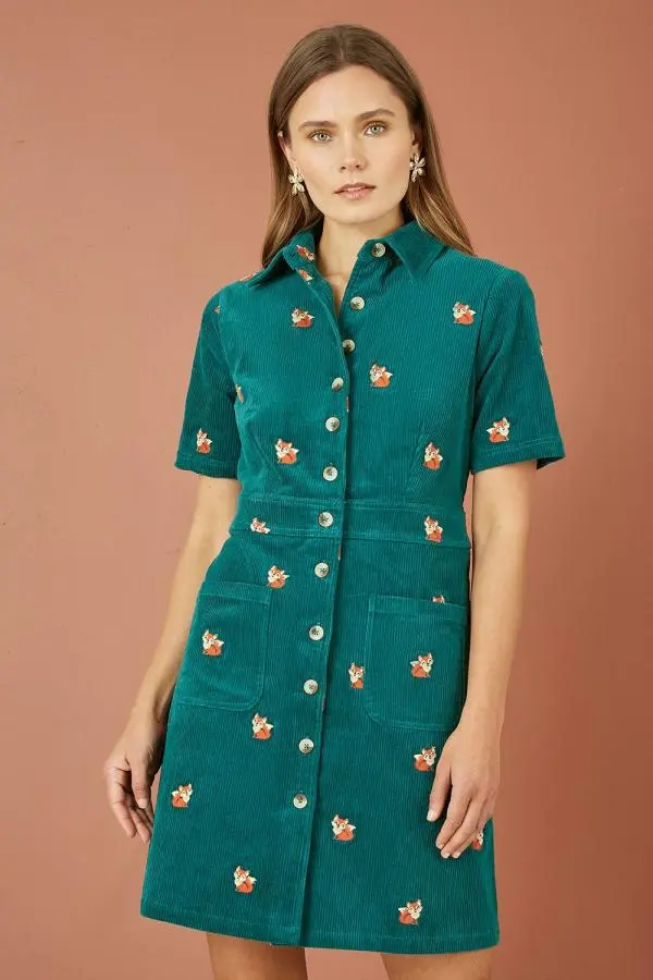 Yumi Women's Teal Cord Shirt Dress With All Over Fox Embroidery | Size: 8
