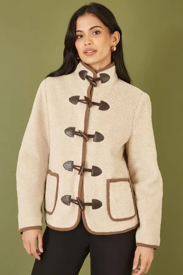 Yumi Women's Cream Borg Jacket With Faux Leather Button Details 