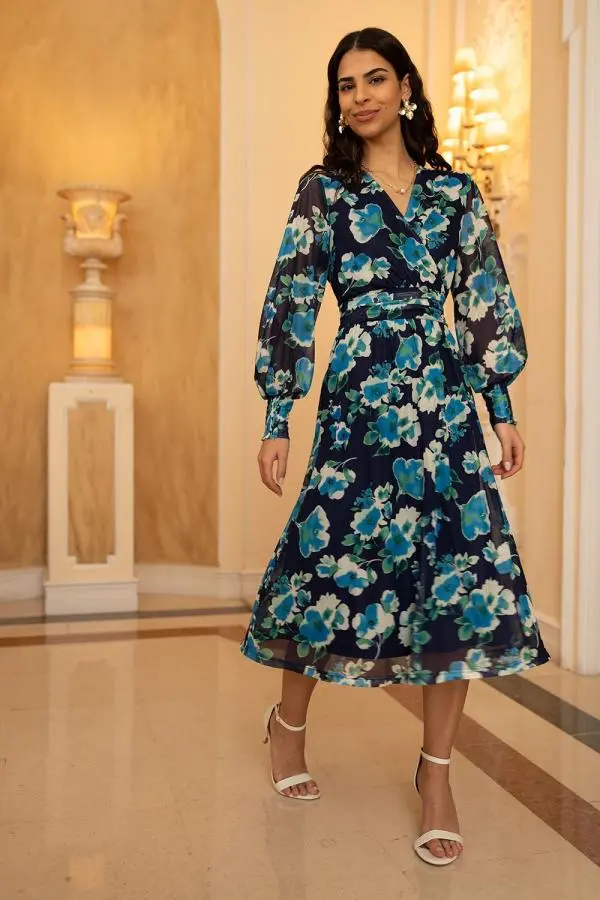 Yumi Women's Blue Floral Mesh Wrap Dress With Long Sleeves 