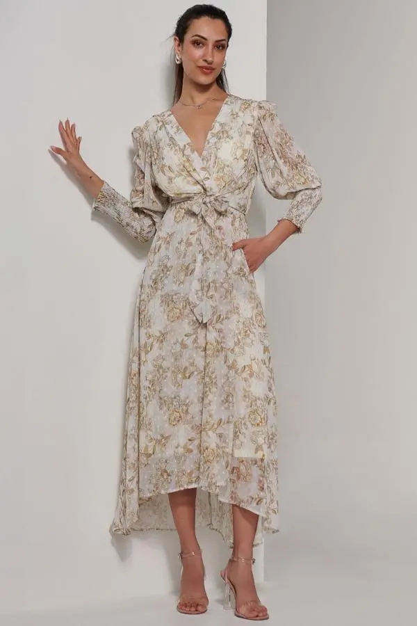 Jolie Moi Women's V Neck Tie Waist Puff Sleeve Maxi Dress in Cream 