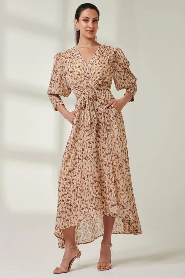 Jolie Moi Women's V Neck Tie Waist Puff Sleeve Maxi Dress in Light Brown | Size: 10