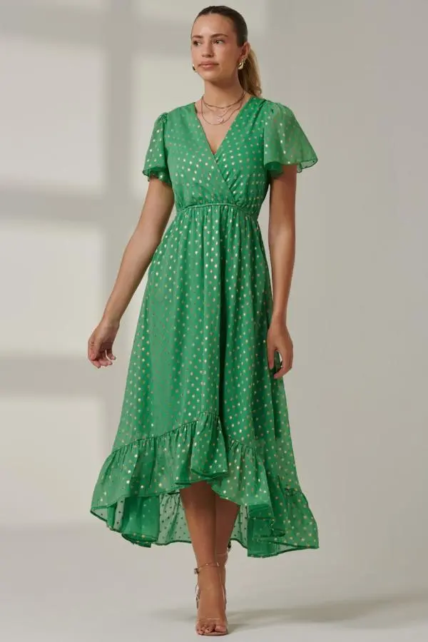 Jolie Moi Women's Metallic Effect Angel Sleeve Maxi Dress in Green 
