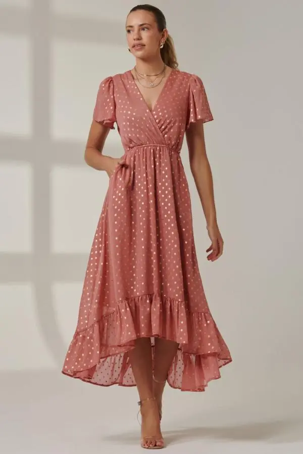Jolie Moi Women's Metallic Effect Angel Sleeve Maxi Dress in Coral 