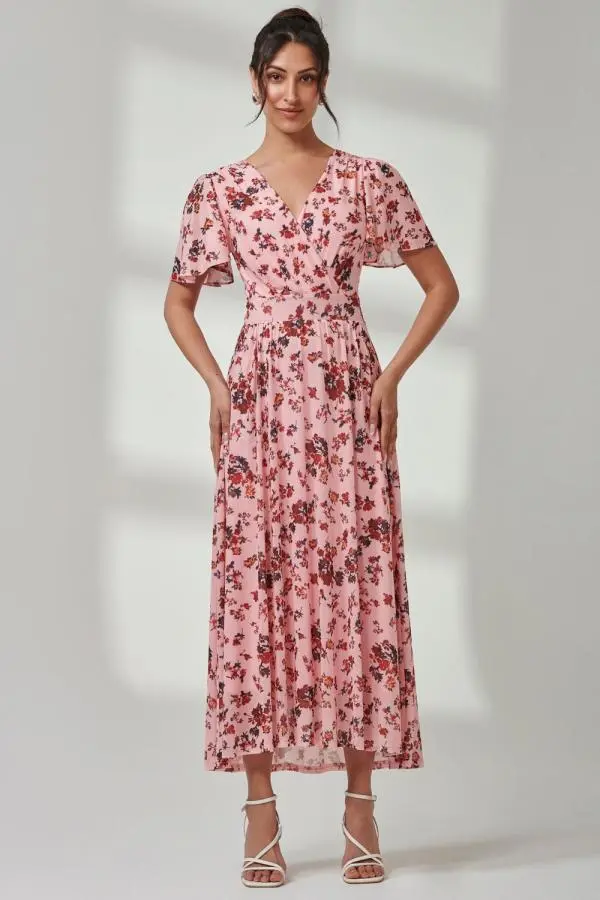 Jolie Moi Women's Gracelyn Wrap Front Mesh Maxi Dress in Coral | Size: 12