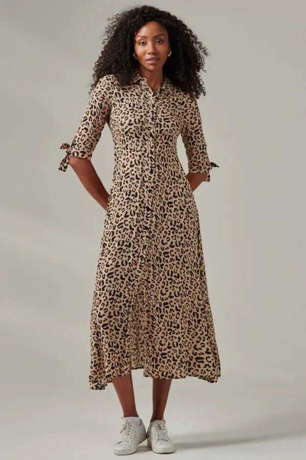Jolie Moi Women's Nora Print Viscose Maxi Shirt Dress in Beige 