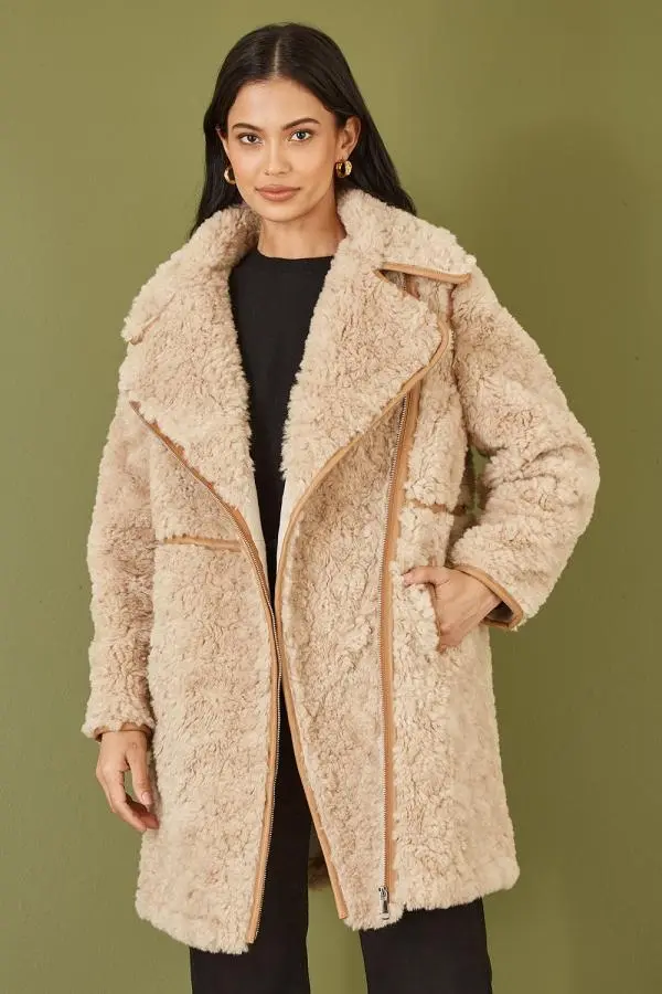 Yumi Women's Brown Textured Borg Long Line Biker Coat 