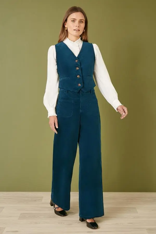 Yumi Women's Teal Cord Trousers With Patch Pockets 