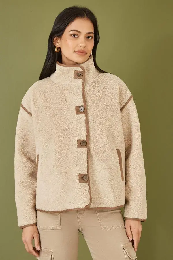 Yumi Women's Cream Borg High Neck Jacket With Faux Leather Trims 