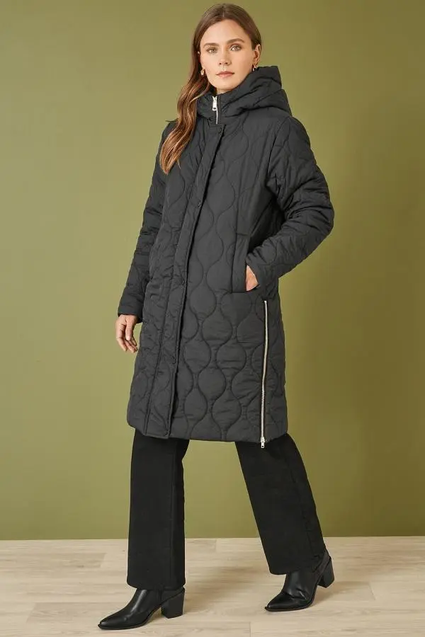 Yumi Women's Black Padded Quilted Long Coat With Zip Detail & Hood 