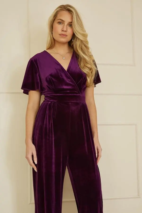 Yumi Women's Purple Jumpsuit With Angel Sleeves 