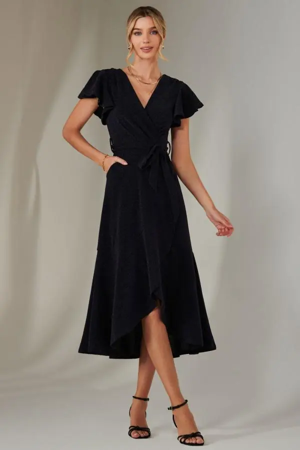 Jolie Moi Women's Marlie Metallic Angel Sleeve Maxi Dress in Navy 