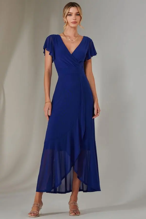 Jolie Moi Women's Plain Wrap Mesh Maxi Dress in Navy 