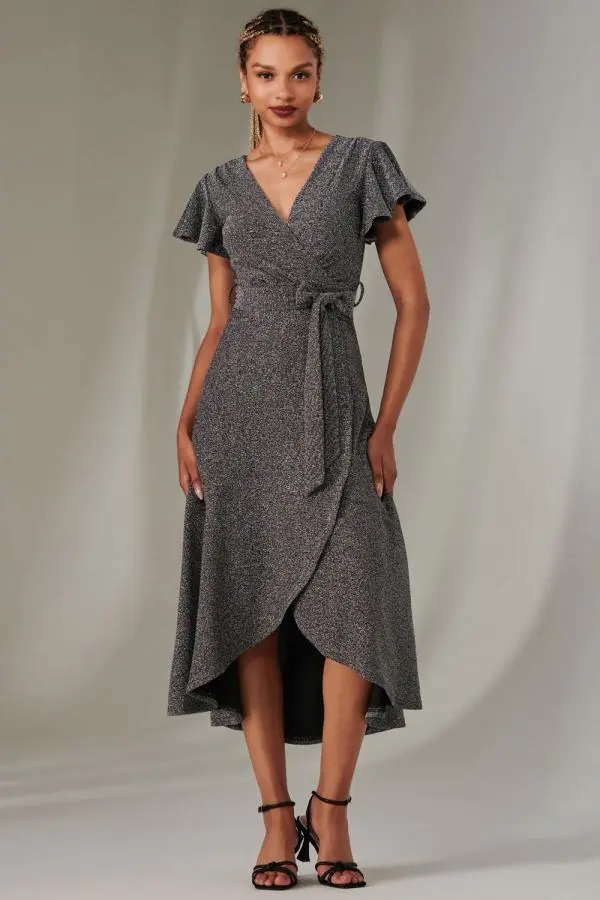 Jolie Moi Women's Marlie Metallic Angel Sleeve Maxi Dress in Metallic Silver 
