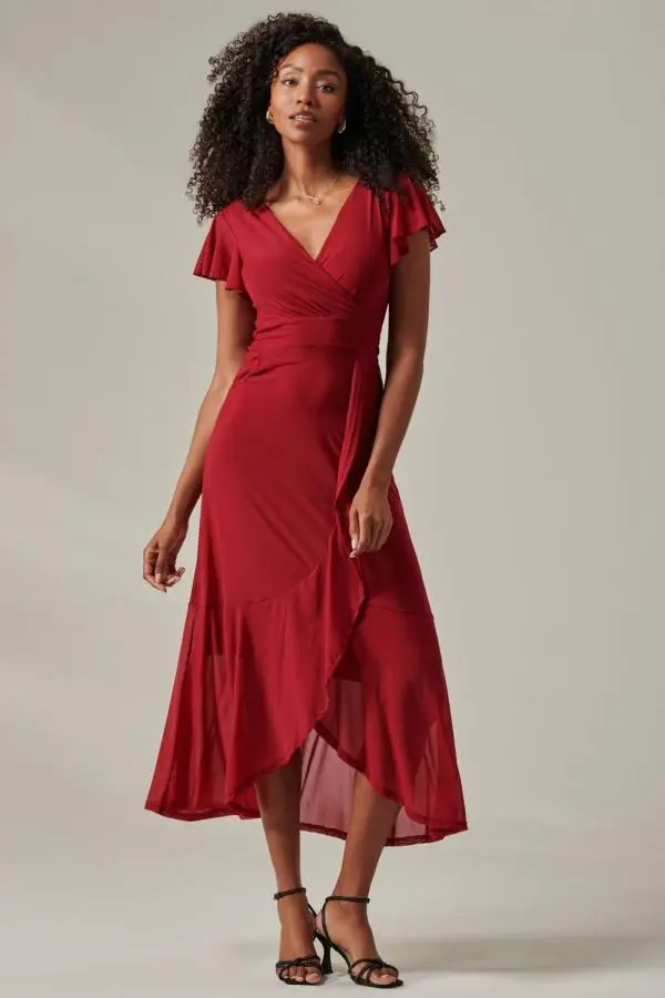 Jolie Moi Women's Plain Wrap Mesh Maxi Dress in Burgundy 