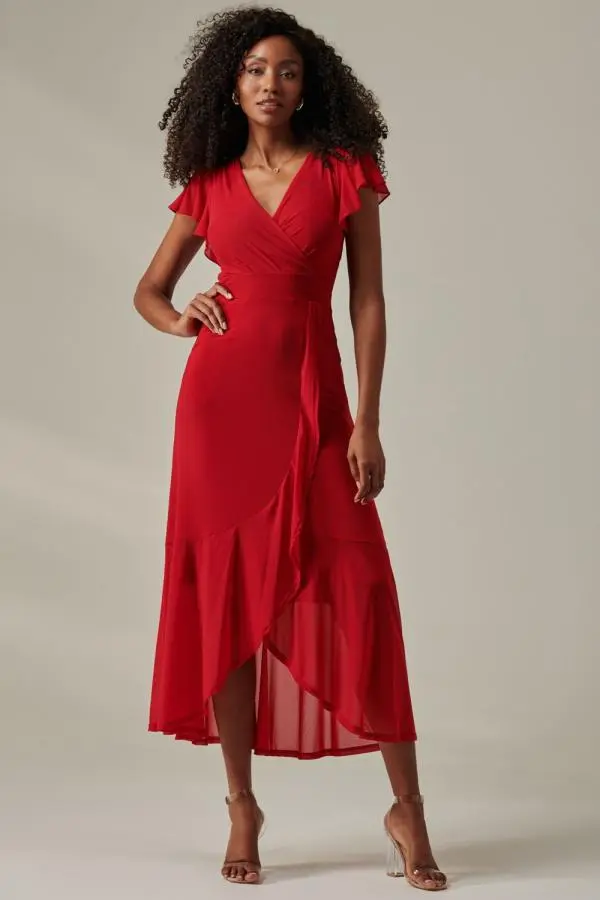 Jolie Moi Women's Plain Wrap Mesh Maxi Dress in Red 