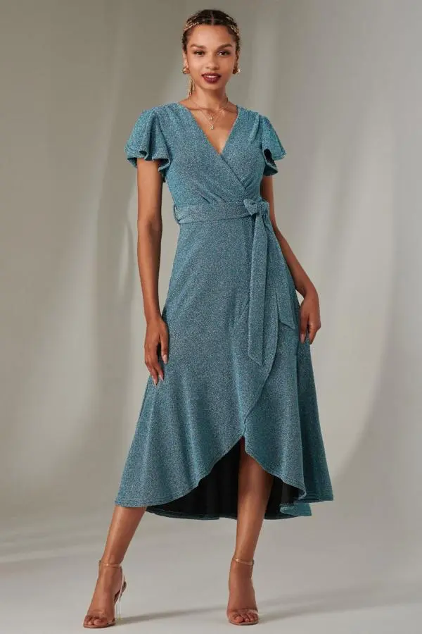 Jolie Moi Women's Marlie Metallic Angel Sleeve Maxi Dress in Blue 