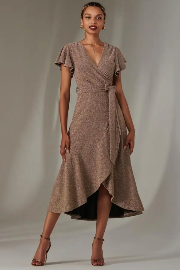 Jolie Moi Women's Marlie Metallic Angel Sleeve Maxi Dress in Gold 