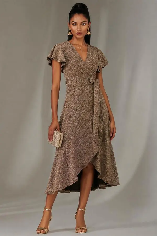 Jolie Moi Women's Marlie Metallic Angel Sleeve Maxi Dress in Gold 