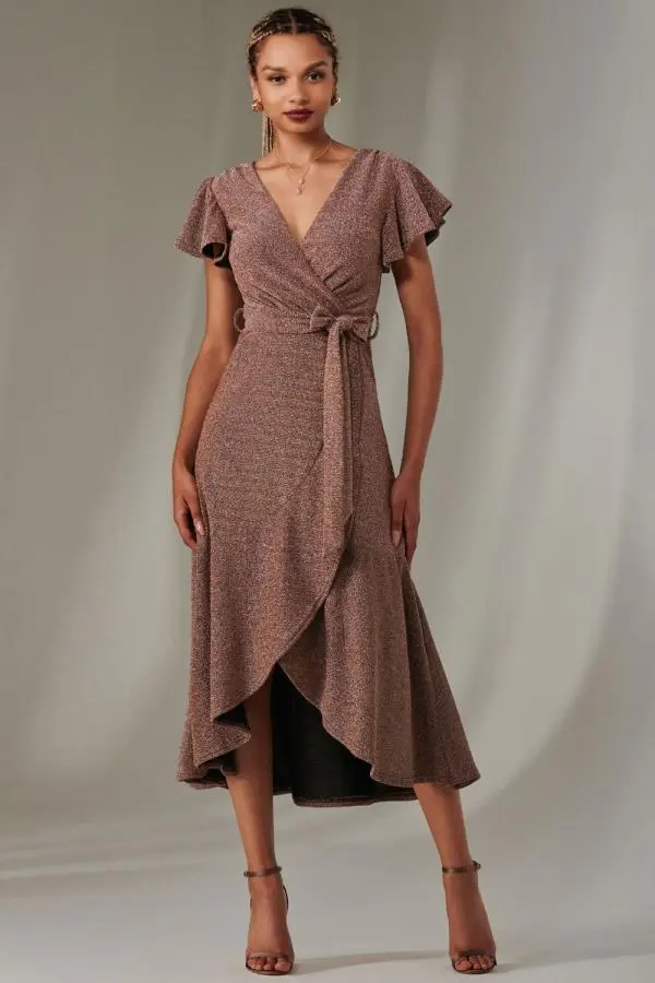 Jolie Moi Women's Marlie Metallic Angel Sleeve Maxi Dress in Metallic Gold 
