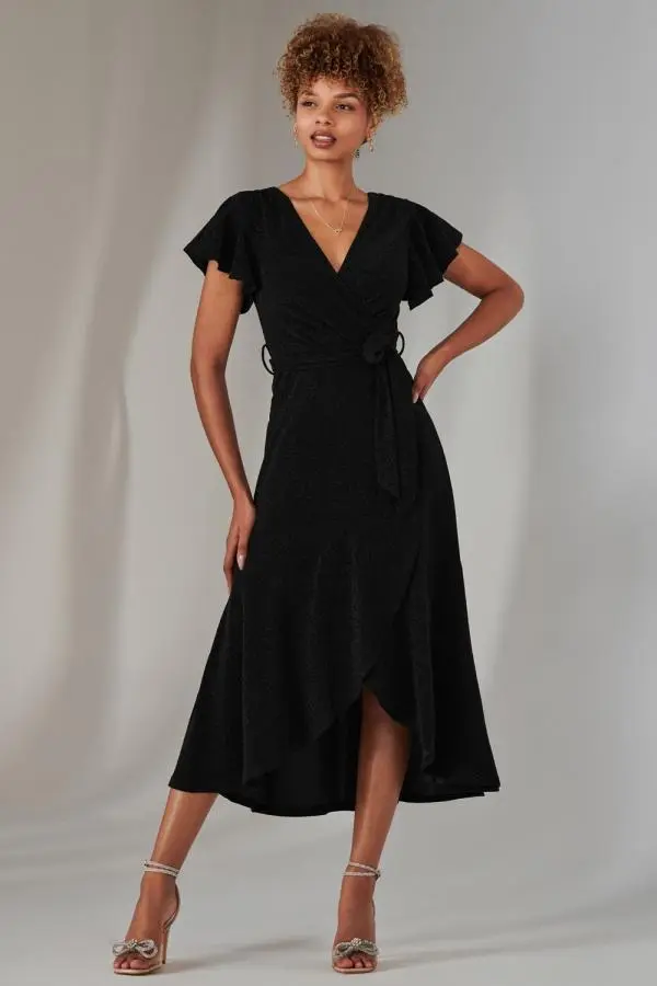 Jolie Moi Women's Marlie Metallic Angel Sleeve Maxi Dress in Black 