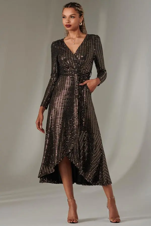 Jolie Moi Women's Long Sleeve Metallic Spot Maxi Dress in Rose Gold 