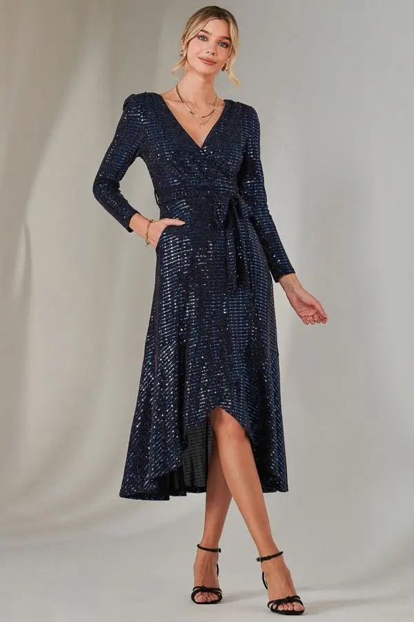 Jolie Moi Women's Long Sleeve Metallic Spot Maxi Dress in Navy 
