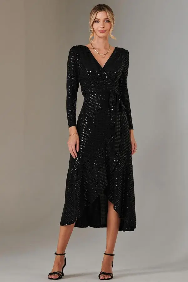 Jolie Moi Women's Long Sleeve Metallic Spot Maxi Dress in Black 