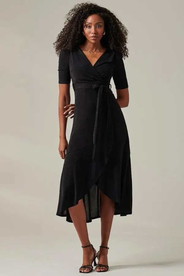 Jolie Moi Women's Metallic Tie Waist Wrapped Maxi Dress in Black 